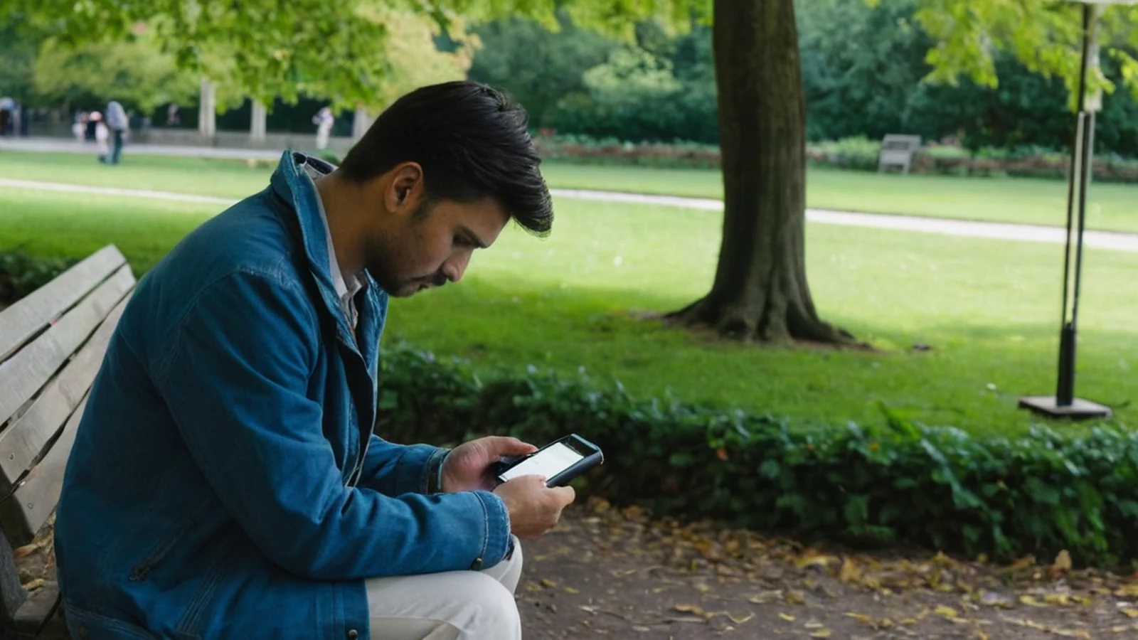 Illustration: an adult sitting on a park bench and looking at their phone