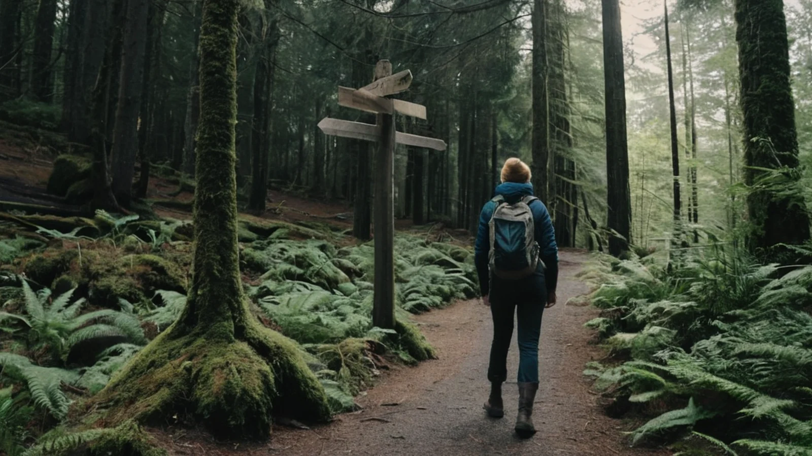 Illustration of a hiker on a forest trail next to a wooden signpost. It is illustrative only and does not show the website.
